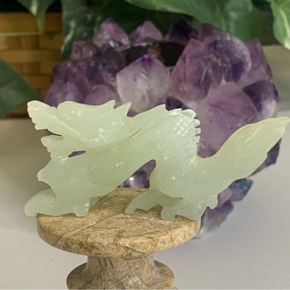 Chinese Hand Carved Jade Stone Dragon Figurine Vintage Green Animal Carving 3" - Picture 2 of 14